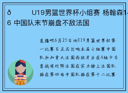 🏀U19男篮世界杯小组赛 杨翰森14+6 中国队末节崩盘不敌法国